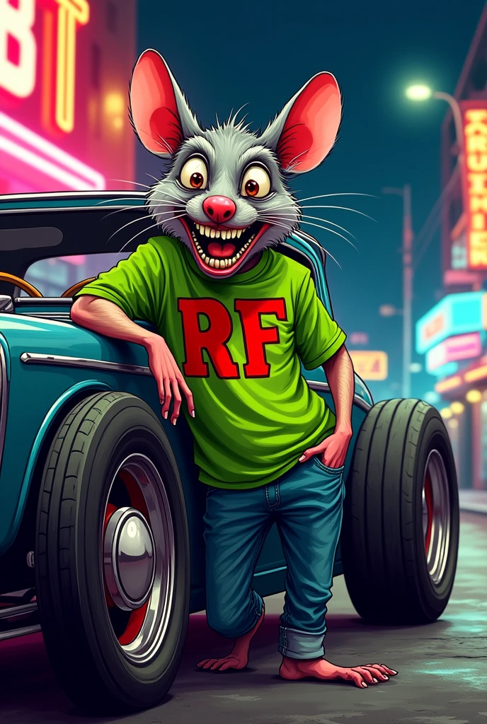 Create an illustration of Rat Fink, a grotesque and rebellious-looking anthropomorphic rat. He should have bulging eyes, sharp teeth and a manic grin. Wearing a green T-shirt with the letters 'RF' in red on the chest, with his tongue hanging out and holding a gear shift lever. He should be next to an exaggerated hot rod car, with chrome details and wide tires, in a nighttime setting illuminated by neon signs. A arte deve capturar um estilo underground, with vibrant colors and a touch of 1960s rebellion."