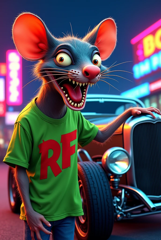 Create an illustration of Rat Fink, a grotesque and rebellious-looking anthropomorphic rat. He should have bulging eyes, sharp teeth and a manic grin. Wearing a green T-shirt with the letters 'RF' in red on the chest, with his tongue hanging out and holding a gear shift lever. He should be next to an exaggerated hot rod car, with chrome details and wide tires, in a nighttime setting illuminated by neon signs. A arte deve capturar um estilo underground, with vibrant colors and a touch of 1960s rebellion."