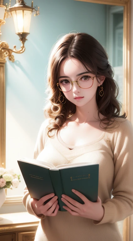 Wearing glasses,Reading a book in the library,Gold frame round glasses, Wavy Hair、Very cute face、Soft Light, 3d,High resolution,The best quality at its best,Rich details,hyper High resolution,32K,Top photo