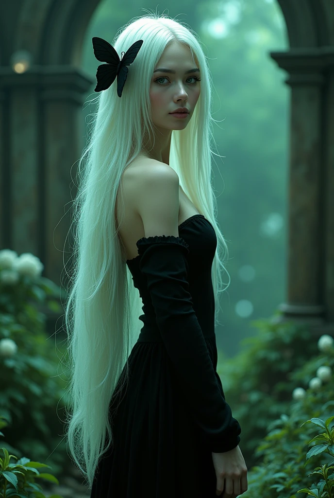 "Snow White Witch" with long white hair and beautiful skin. Only her intelligent-looking eyes and dress - black in color. Her eyelashes are white, long straight hair reached her back and was just as white, as well as her skin, and a black butterfly-shaped hairpin was visible in her hair (in anime she was altered to a jade-green color). Anyone, who saw her, was instantly captivated by her striking beauty, although her appearance also instilled an insurmountable fear in a person's soul. Although her spirit in the Dreaming Palaces was in her late teens, Echidna's slender body looked like this, as if she were about twenty years old.