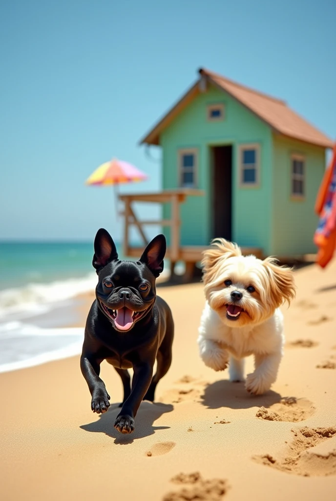 Beach house with a black French bulldog and a cream shitzu