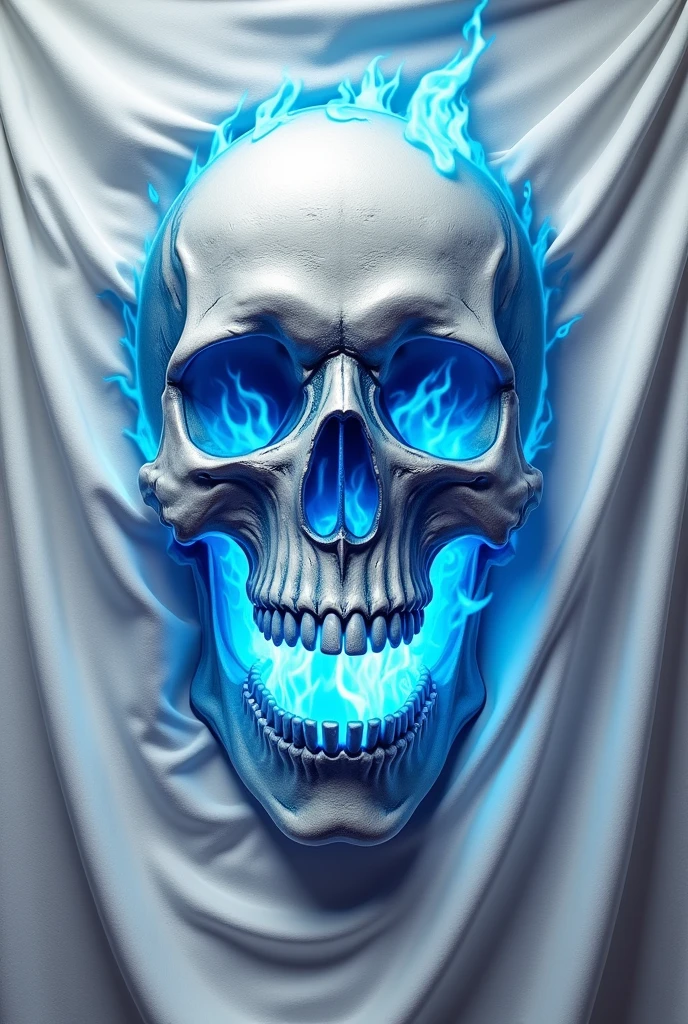 a completely white flag, blue details in the skull's carving, Pulling towards a white, in the eyes and mouth flaming with blue fire