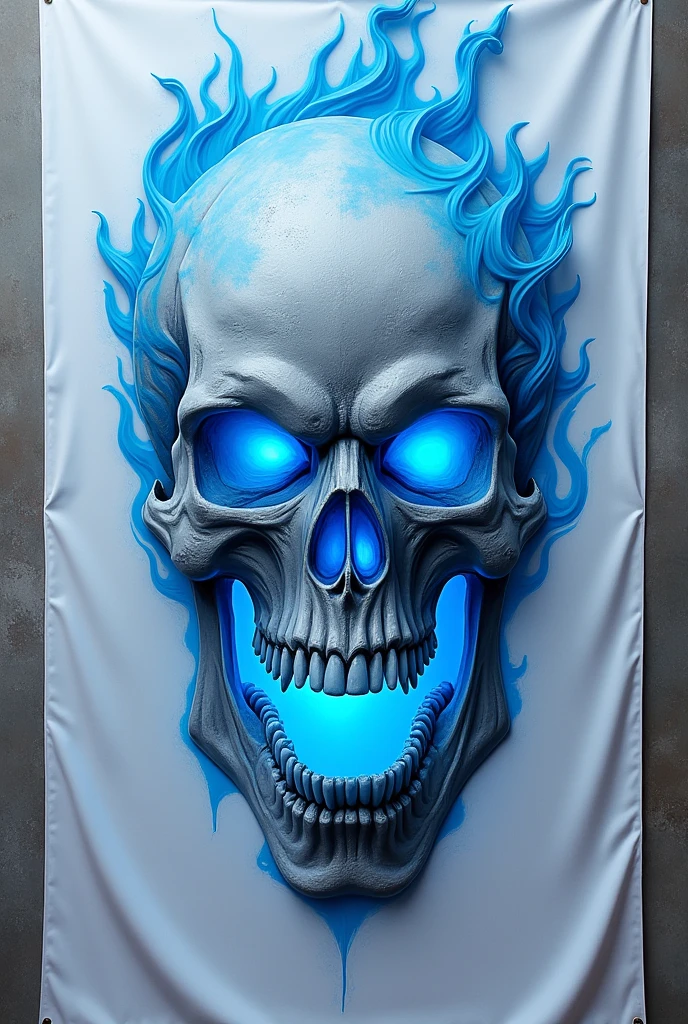 a completely white flag, blue details in the skull's carving, Pulling towards a white, in the eyes and mouth flaming with blue fire