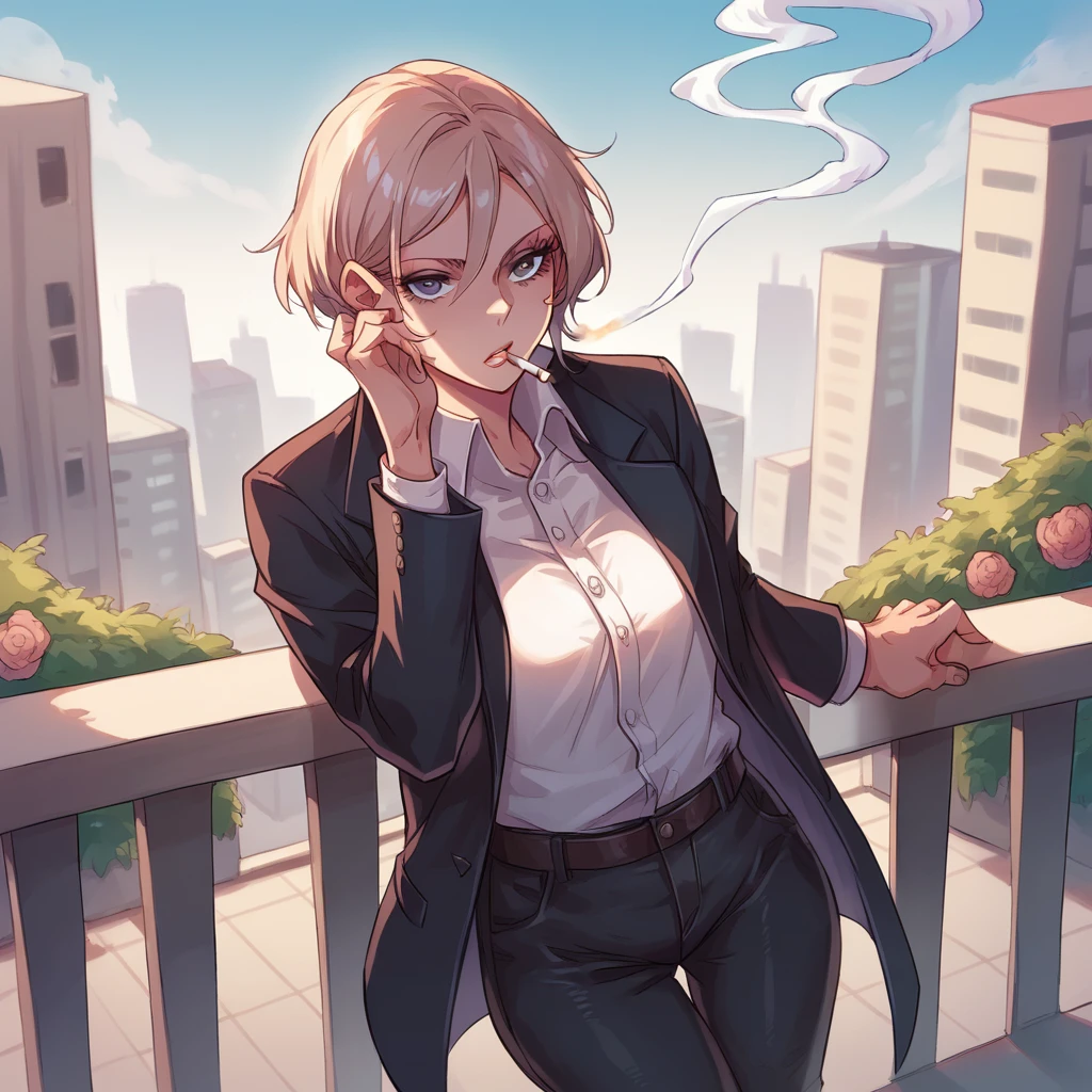 POV girl smoking a cigarette on a balcony , The girl has a black suit and black pants
