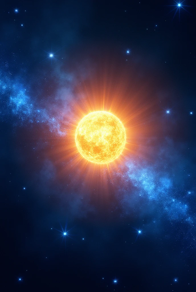 A very concise sun with bright blue stars around it 