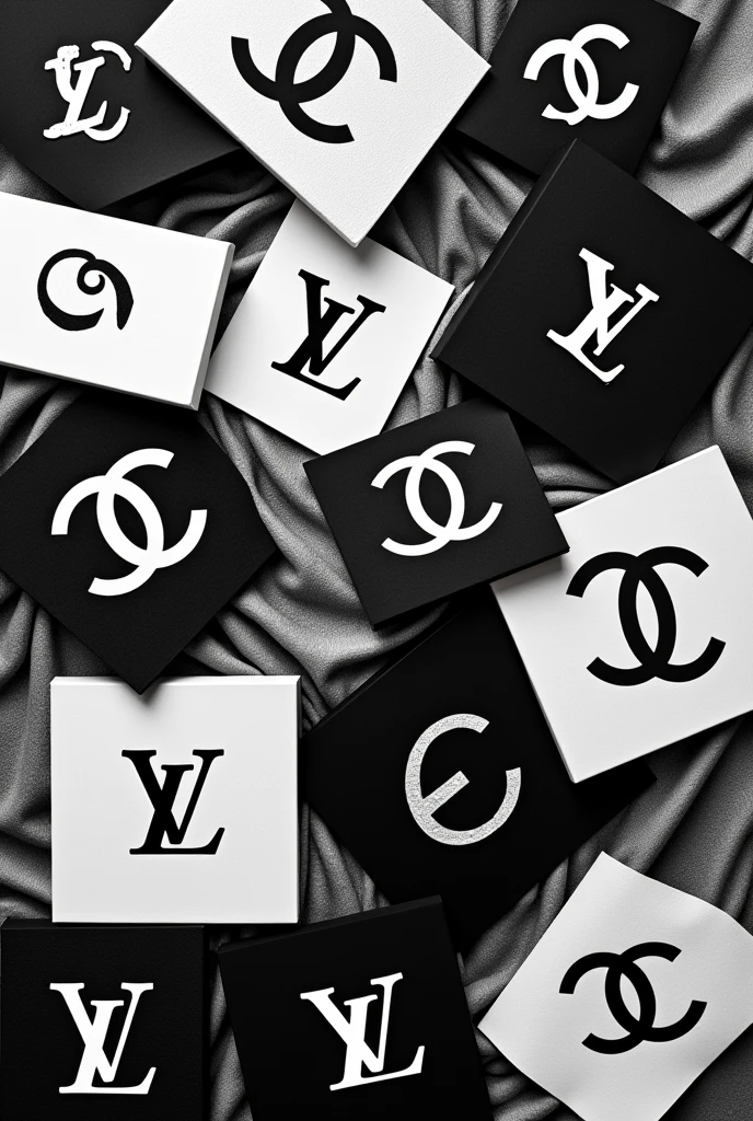 create a black and white collage with the logos of the world's leading luxury stores, like Gucci and Prada