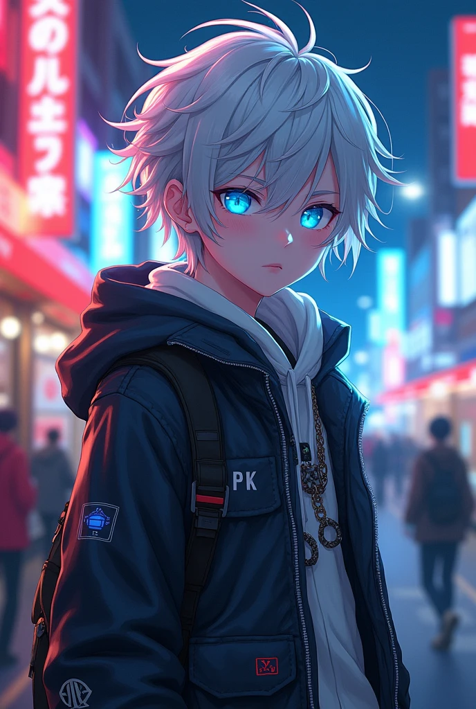 Make a young anime character with blue stunning eyes with white hairs and eyes covered with glasses or cloth. It's a boy he is above 18 years old 