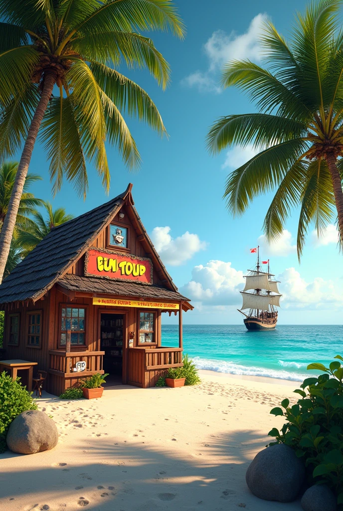 photo realistic there is a small store on the beach with palm trees, Sign says " The Bin Store", beach bar, high detailed store, near the beach, store, pre-rendered, rum, pirate ships in background high quality, detailed, ultra realistic photography, taken by Canon R5, 85mm lens 16:9