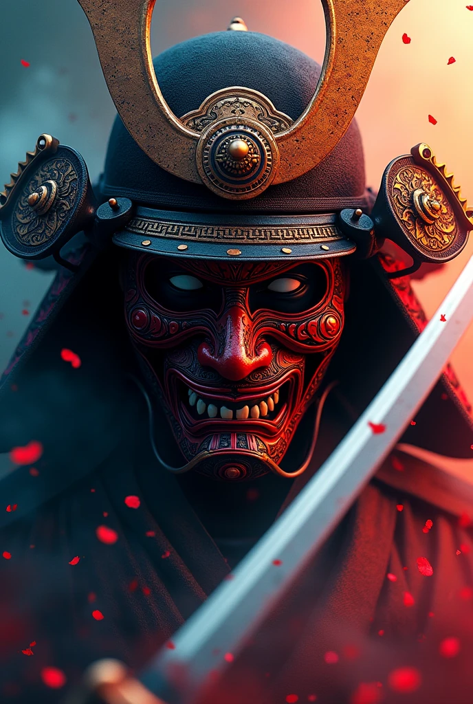 It is a samurai face with a red and black mask. It is a beautiful mask. Only the two eyes are visible.  The blade of a sword can be seen near the face. Various colors can be used for the surrounding background.