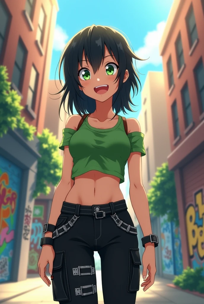 a black haired anime girl with bright green eyes wearing a green crop top with black cargo pants. smiling. 