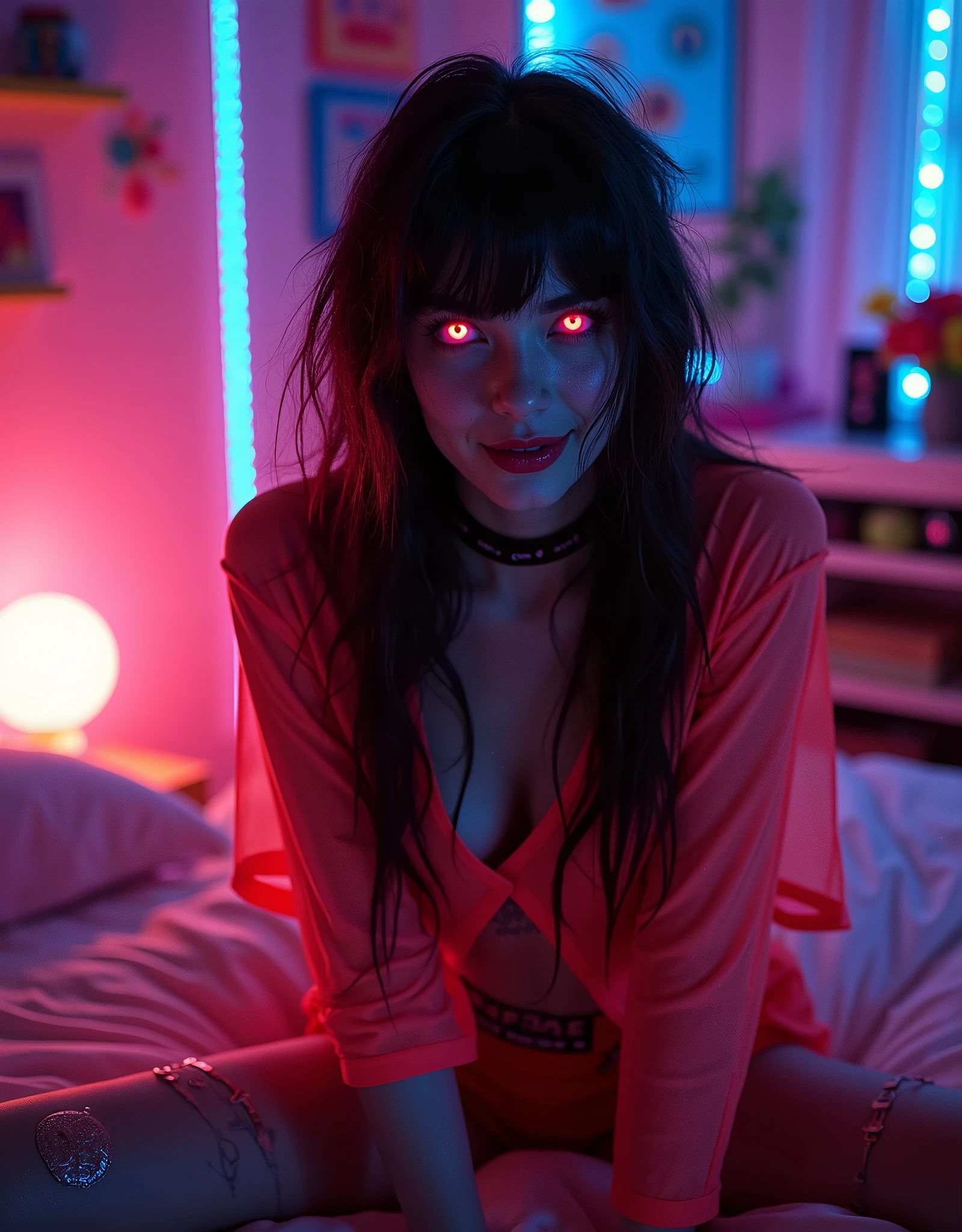 best quality, intricate details, chromatic aberration, 
21 year old young athletic woman,
1girl, long hair, black hair, messy hair, red highlights, hair over one eye, red eyes, sharp eyes, 

choker, skin-tight neion crop top and panties, leaning back, develish seductive smile, seductive open lips,
blacklight, sitting on bed with legs spread in bedroom, cameltoe, open seductive smiling mouth, legs spread, happy worshipping, manspreading, hands behind back, hands not visible,womb tattoo on stomach