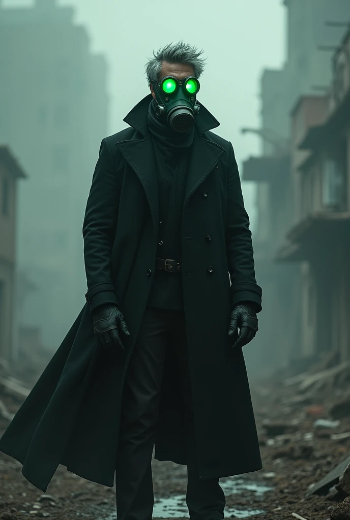 A man wearing a gas mask with glowing green lenses, With a black overcoat and black t-shirt, with gray hair, with a gray aura, with fingerless gloves
