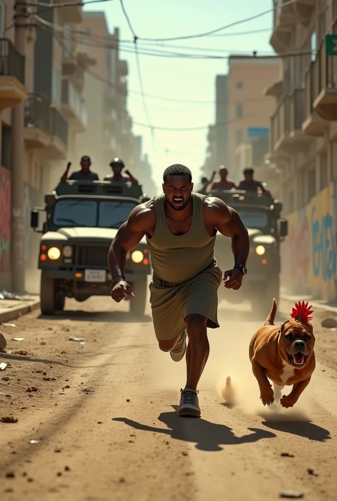 A nigga running from the military in an life threatening chase with a XL bulldog and chicken 