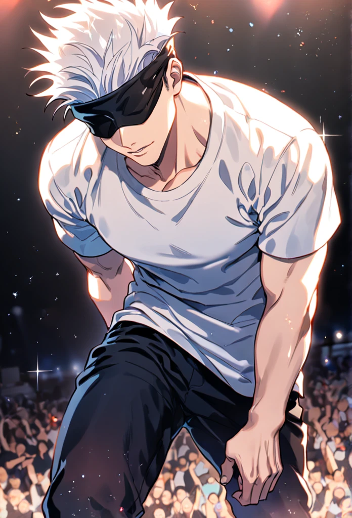 Ultra detailed, HDR, Highres, absurdres, masterpiece, best quality, solo focus, Gojou Satoru, white hair, black blindfold, covered eyes, white large shirt, black pants, Jujutsu Kaisen, sexy man, handsome, stage, concert, handsome, sensual, glittering, solo, manly man