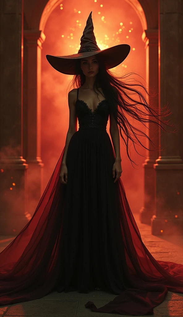 (Masterpiece artwork) (the best quality) In a dark room of a strange reddish mist and golden sparks emerges a beautiful and lovely witch of demonic appearance and great magical powers... Your hair is being lifted by a mysterious wind.