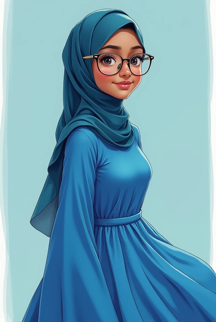 Make a anime avatar picture of a 19 year old dark-medium skin tonned brown Bangladeshi hijabi girl no hair showing with glasses and blue dress in a frame of 700×150 plain background