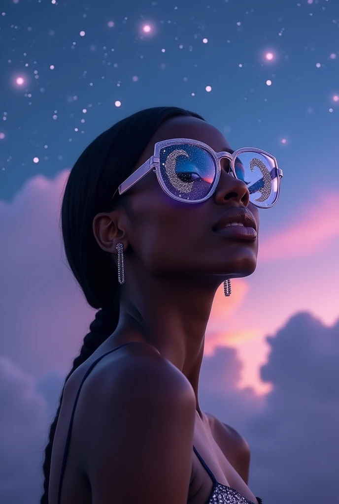 The model is wearing glass sunglasses with stars and the moon on the glass