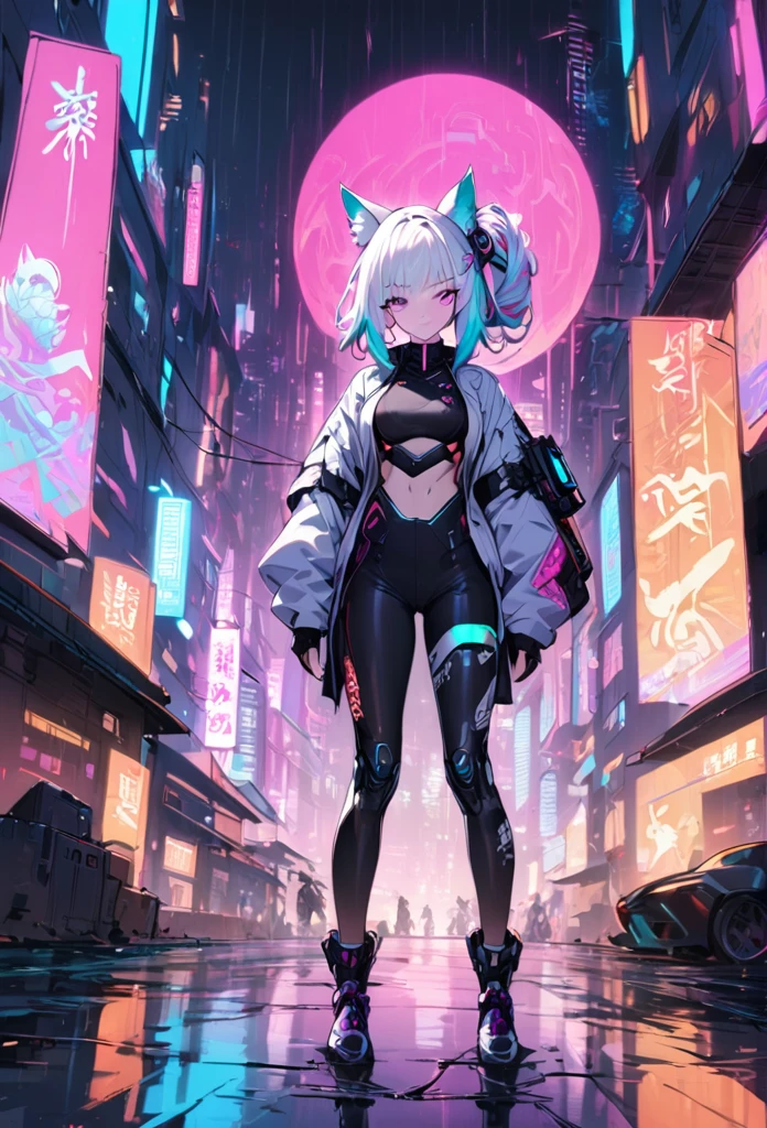 1woman, long white hair with pink and cyan tips,Muticolored hair, fox ears, purple eyes, wearing a white coat, leggings, wearing black undershirt, tattoos on arms,  colorful japanese tattoos, showing body, medium breasts, cyberpunk