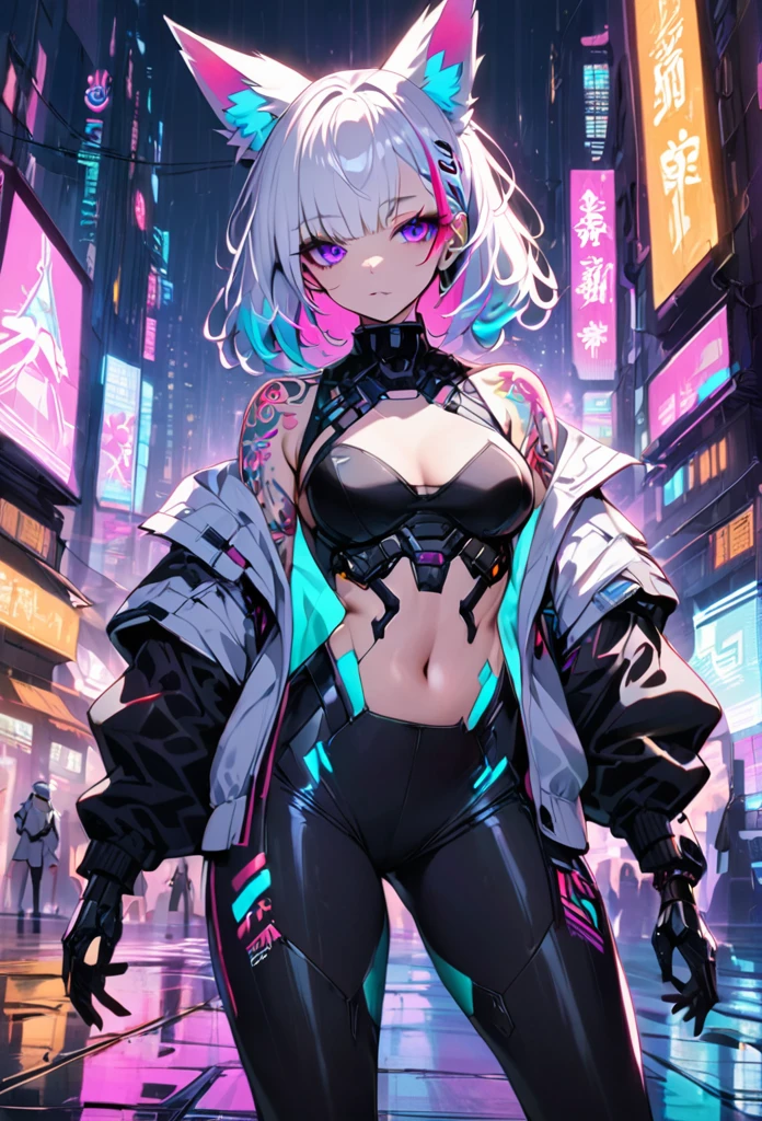 1woman, long white hair with pink and cyan tips,Muticolored hair, fox ears, purple eyes, wearing a white coat, leggings, wearing black undershirt, tattoos on arms, colorful japanese tattoos, showing body, medium breasts, cyberpunk