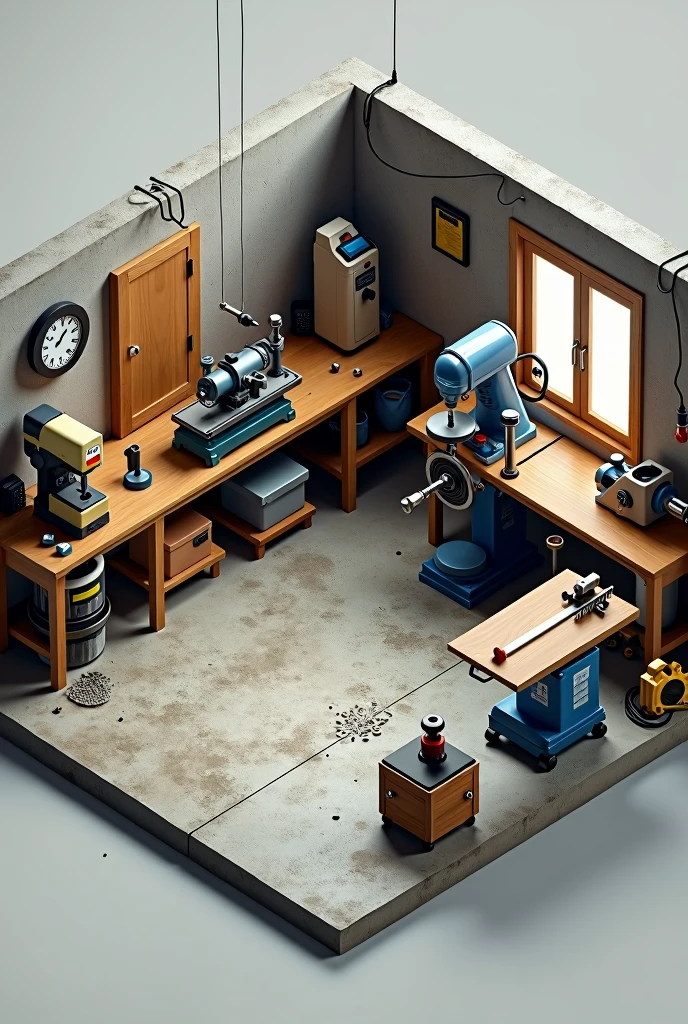 a isometric view image of a 2.5D machine shop with drill press, lathe, milling machine, and table saw. Concrete floor.