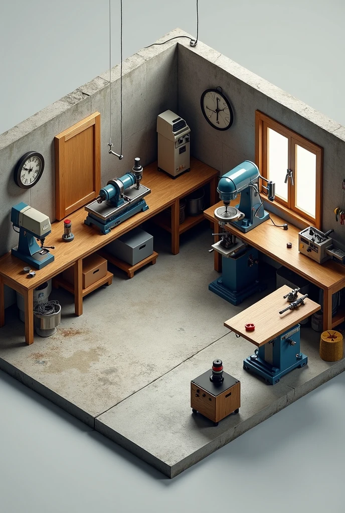 a isometric view image of a 2.5D machine shop with drill press, lathe, milling machine, and table saw. Concrete floor.