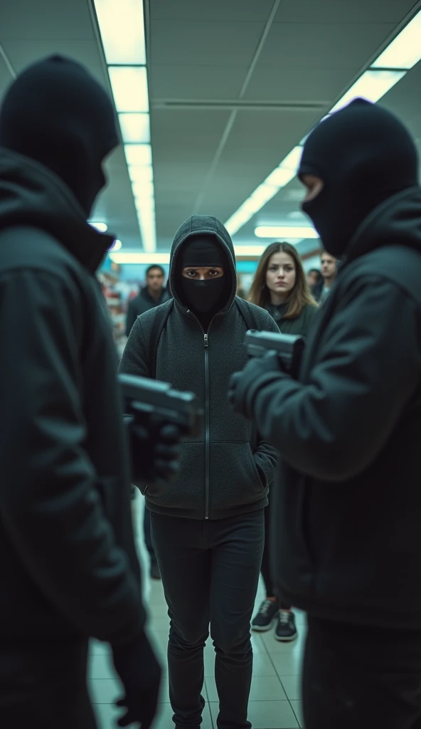 Create a high-quality 3D image of the supermarket’s checkout area during the
robbery. Three masked robbers, dressed in dark clothing and armed with handguns, are at
the front of the store. The lead robber, wearing a black ski mask, is pointing his gun at the
frightened cashier, a young woman with a terrified expression. The other two robbers are
watching the onlookers, who are cowering and looking fearful. The camera angle
is at eye level, capturing the tension and fear among the shoppers. The lighting is dimmer
here, creating a dramatic and suspenseful mood.
Scene 5: Maximus Confronts the Robbers