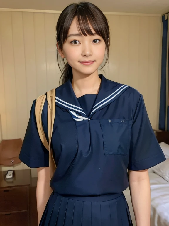 (Masterpiece, Best quality:1.4), (Ultra realistic, Photo-realistic:1.2), Natural light, 25 years old actress, Japanese women, Neat and clean, (school uniform, sailor suit, traditional Japanese style with navy blue and white colors, detailed ribbon and pleated skirt:1.2), (Short wavy hair:1.1), Ponytail, Light brown hair color, (Beautiful Face), Oval face, clear, (Beautiful eyes, Kind eyes), (Clear skin), Small face, (Small mouth), (Beautiful mouth), Natural makeup, Approachable, Luxury hotel Suite room, On bed, Seductive smile, (Seductive pose:1.2), (Beautiful thighs:1.1), (Bedroom eyes), 