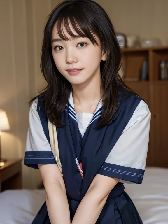 (Masterpiece, Best quality:1.4), (Ultra realistic, Photo-realistic:1.2), Natural light, 25 years old actress, Japanese women, Neat and clean, (school uniform, sailor suit, traditional Japanese style with navy blue and white colors, detailed ribbon and pleated skirt:1.2), (Short wavy hair:1.1), Ponytail, Light brown hair color, (Beautiful Face), Oval face, clear, (Beautiful eyes, Kind eyes), (Clear skin), Small face, (Small mouth), (Beautiful mouth), Natural makeup, Approachable, Luxury hotel Suite room, On bed, Seductive smile, (Seductive pose:1.2), (Beautiful thighs:1.1), (Bedroom eyes), 