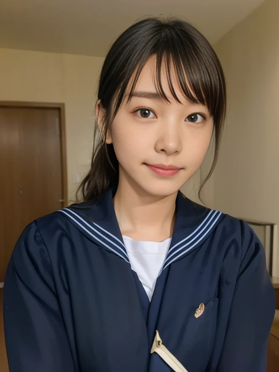 (Masterpiece, Best quality:1.4), (Ultra realistic, Photo-realistic:1.2), Natural light, 25 years old actress, Japanese women, Neat and clean, (school uniform, sailor suit, traditional Japanese style with navy blue and white colors, detailed ribbon and pleated skirt:1.2), (Short wavy hair:1.1), Ponytail, Light brown hair color, (Beautiful Face), Oval face, clear, (Beautiful eyes, Kind eyes), (Clear skin), Small face, (Small mouth), (Beautiful mouth), Natural makeup, Approachable, Luxury hotel Suite room, On bed, Seductive smile, (Seductive pose:1.2), (Beautiful thighs:1.1), (Bedroom eyes), 