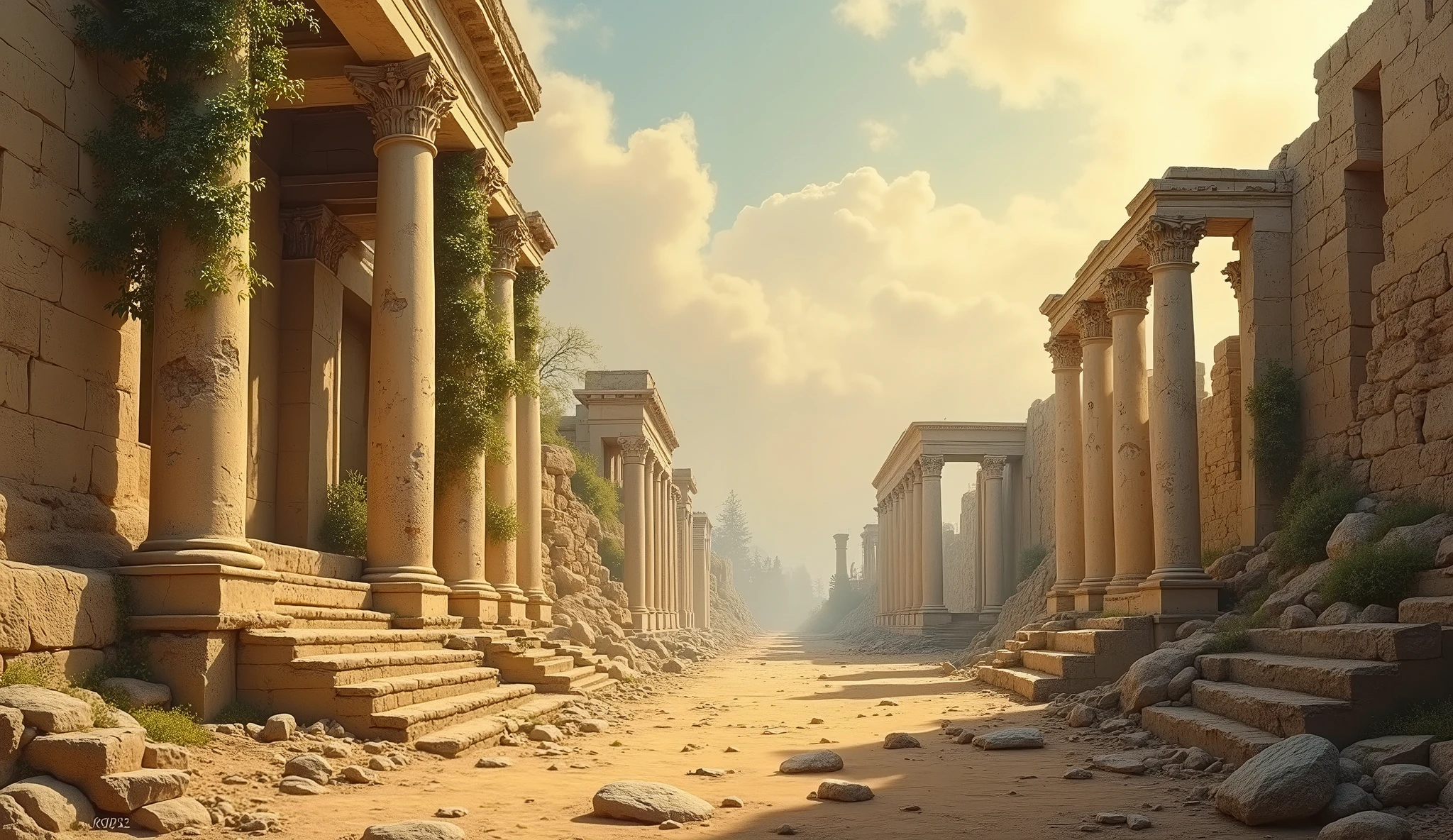 oil painting, Landscape of ancient Eastern ruins filled with rubble