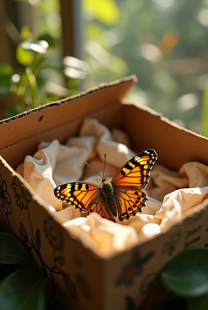 Create a cardboard box where a butterfly is sleeping 