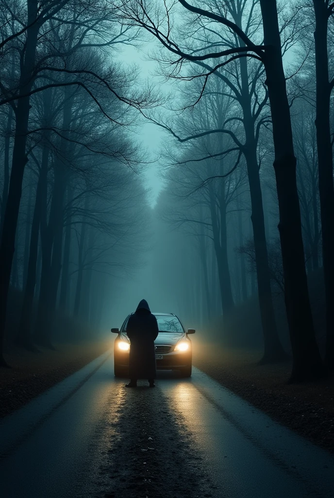 Imagine a deserted road, surrounded by a dense and shadowy forest. The sky is covered by heavy clouds, and the only light comes from headlights of a slowly advancing car. The trees along the road are bent and seem to close in around the track, creating a sense of claustrophobia. Suddenly, The headlights flicker and fade, plunging the car into complete darkness. When the headlights come back on, a hooded figure is standing in the middle of the road, immobile and staring intently at the car. The driver tries to accelerate to get past it, but the car starts to malfunction, and the engine makes a strange noise, as if something is trying to prevent escape. The hooded figure slowly advances toward the car, and the tension grows with the sound of heavy breathing that seems to come from inside the vehicle.