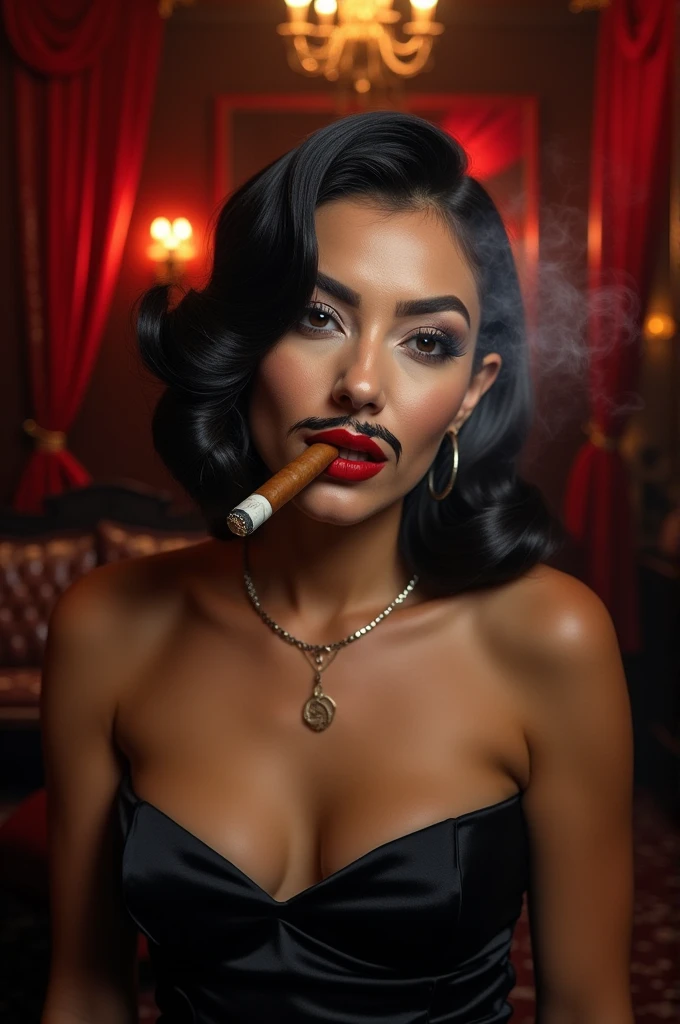 Femme qui fume un cigare a moustaches