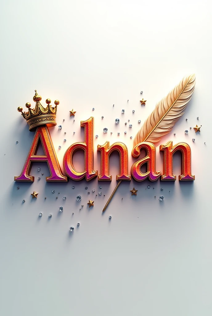 A mesmerizing 3D digital art masterpiece that captivates the viewer with its intricate design. The name"Adnan,, is prominently displayed in a striking font, adorned with a luxurious golden crown. A flowing feather gracefully follows behind, adding to the design's visual appeal. The name glows in vibrant colors such as gold, red, deep blue, pink, green, and purple, enhancing its breathtaking beauty. Warm silver lighting illuminates the design, creating depth and dimension, and delicate diamonds are strategically placed for added glamour. The pristine white background highlights the name, transforming the design into a truly fascinating piece. With its cinematicposter-like quality, this extraordinary work of art masterfully blends elements of dark fantasy, and 3D rendering, typography, and 3D rendering., architecture, typography