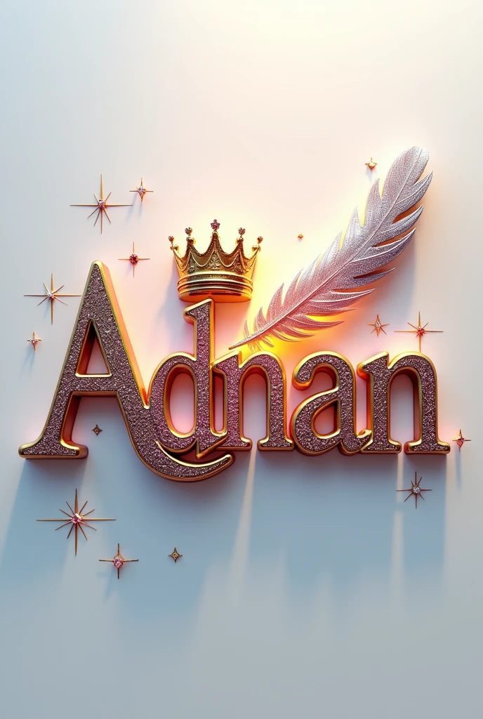 A mesmerizing 3D digital art masterpiece that captivates the viewer with its intricate design. The name"Adnan,, is prominently displayed in a striking font, adorned with a luxurious golden crown. A flowing feather gracefully follows behind, adding to the design's visual appeal. The name glows in vibrant colors such as gold, red, deep blue, pink, green, and purple, enhancing its breathtaking beauty. Warm silver lighting illuminates the design, creating depth and dimension, and delicate diamonds are strategically placed for added glamour. The pristine white background highlights the name, transforming the design into a truly fascinating piece. With its cinematicposter-like quality, this extraordinary work of art masterfully blends elements of dark fantasy, and 3D rendering, typography, and 3D rendering., architecture, typography