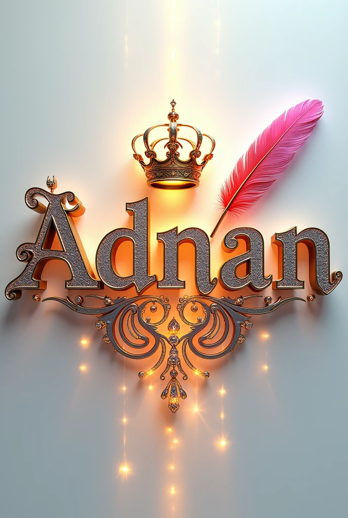 A mesmerizing 3D digital art masterpiece that captivates the viewer with its intricate design. The name"Adnan,, is prominently displayed in a striking font, adorned with a luxurious golden crown. A flowing feather gracefully follows behind, adding to the design's visual appeal. The name glows in vibrant colors such as gold, red, deep blue, pink, green, and purple, enhancing its breathtaking beauty. Warm silver lighting illuminates the design, creating depth and dimension, and delicate diamonds are strategically placed for added glamour. The pristine white background highlights the name, transforming the design into a truly fascinating piece. With its cinematicposter-like quality, this extraordinary work of art masterfully blends elements of dark fantasy, and 3D rendering, typography, and 3D rendering., architecture, typography