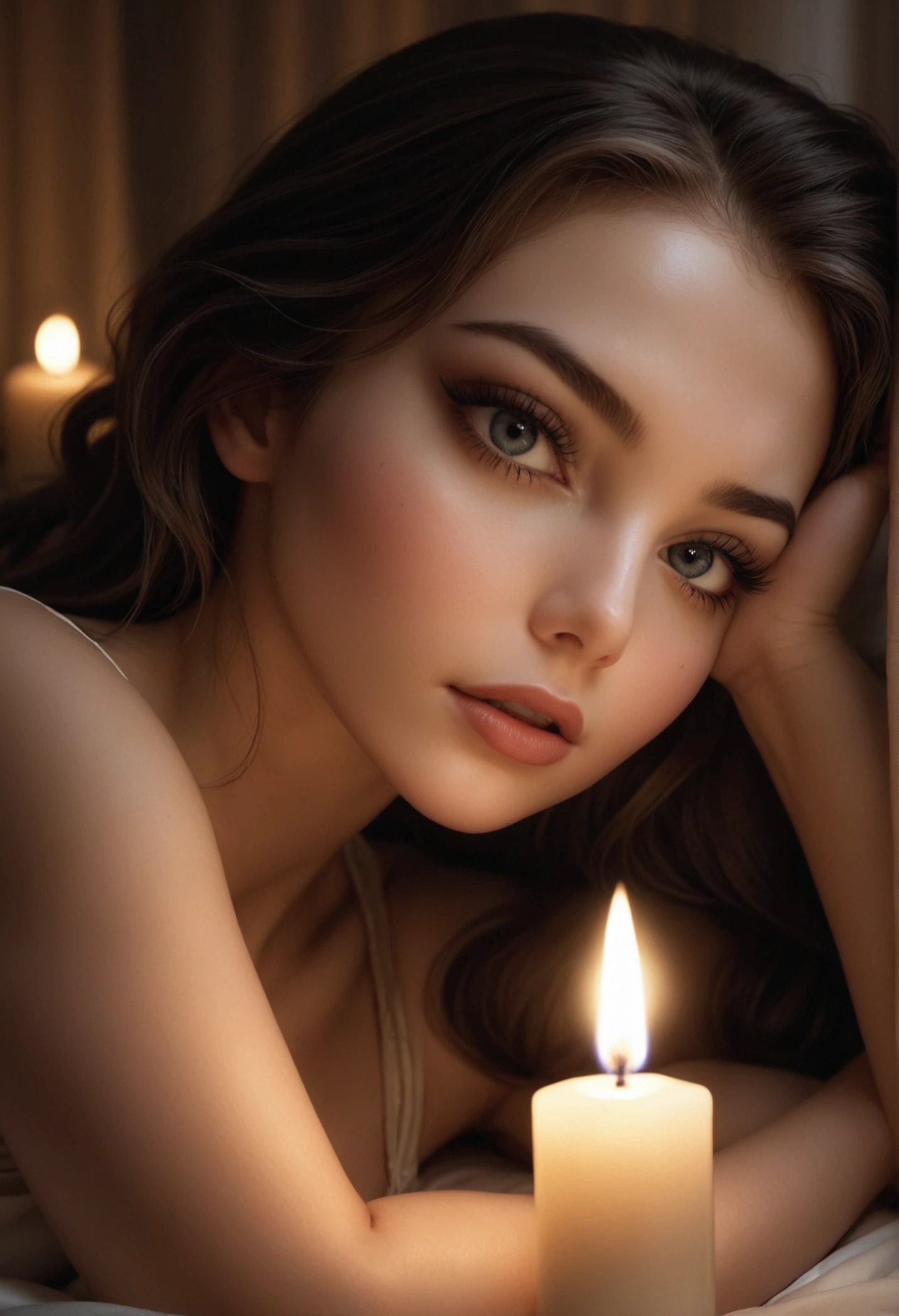 beautiful detailed girl, beautiful detailed face, beautiful detailed eyes, beautiful detailed lips, long eyelashes, sensual pose, laying on bed, satin sheets, candle lit room, chiaroscuro lighting, romantic atmosphere, cinematic, 8k, high quality, photorealistic