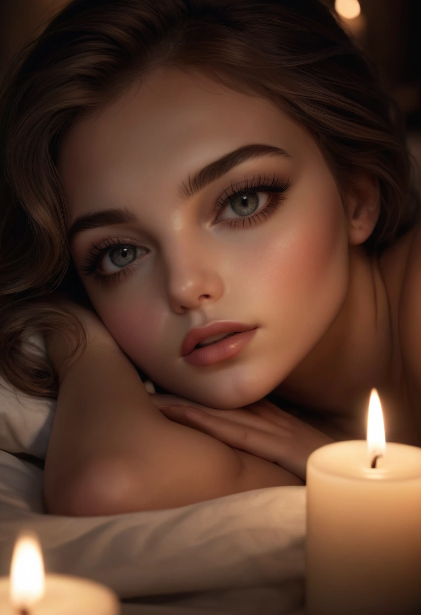 beautiful detailed girl, beautiful detailed face, beautiful detailed eyes, beautiful detailed lips, long eyelashes, sensual pose, laying on bed, satin sheets, candle lit room, chiaroscuro lighting, romantic atmosphere, cinematic, 8k, high quality, photorealistic