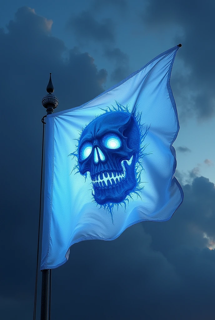 a completely white flag, blue details in the skull's carving, Pulling towards a white, in the eyes and mouth flaming with blue fire