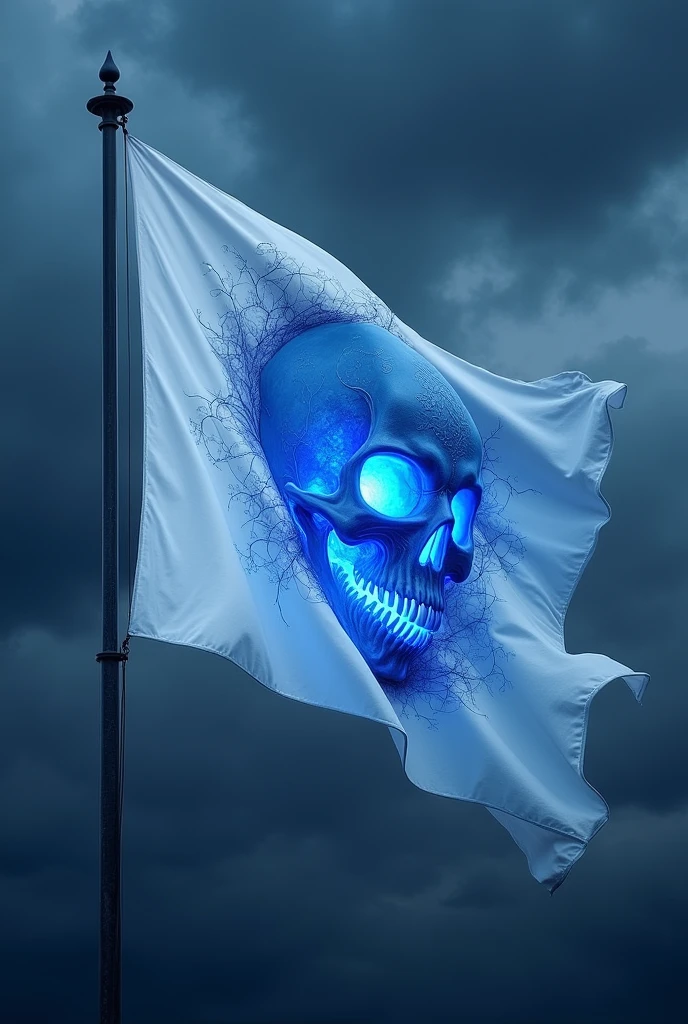 a completely white flag, blue details in the skull's carving, Pulling towards a white, in the eyes and mouth flaming with blue fire