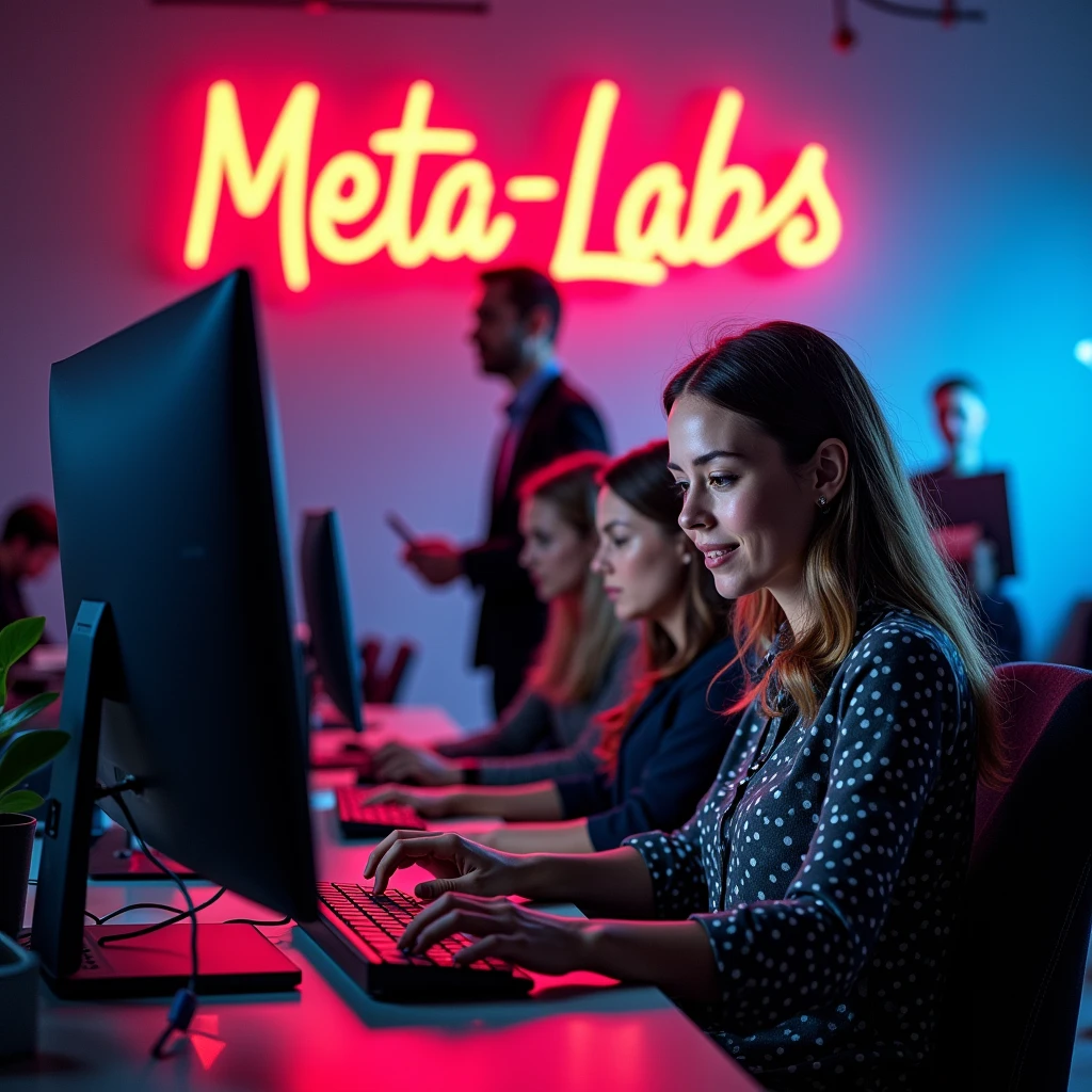 It is necessary to display the company Meta-Labs, which develops websites, the name of the company should also be visible, and you can add a very attractive girl who makes the website, necessarily Russian, everything should be at the computer, you can make something like the name of the company in the office neon sign, a male director is standing, and on the sides girls make websites