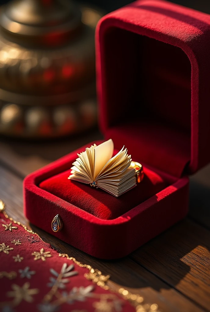 A golden ring in a red velvet box, with a book embedded instead of a diamond