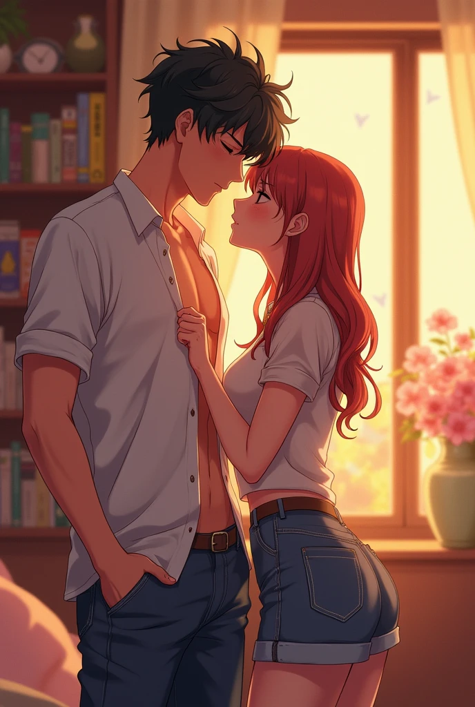 Create a image of boy and girl and both in love romance mood and the girl raise the boy shirt some part only the boy shirt donot open all the buttons of the shirt and the boy has six pack and the both boy and girl close to eachother they are kissing eachother and the background of the image is in a room and room has some books and some flowervases and the image should be seen as Anime picture