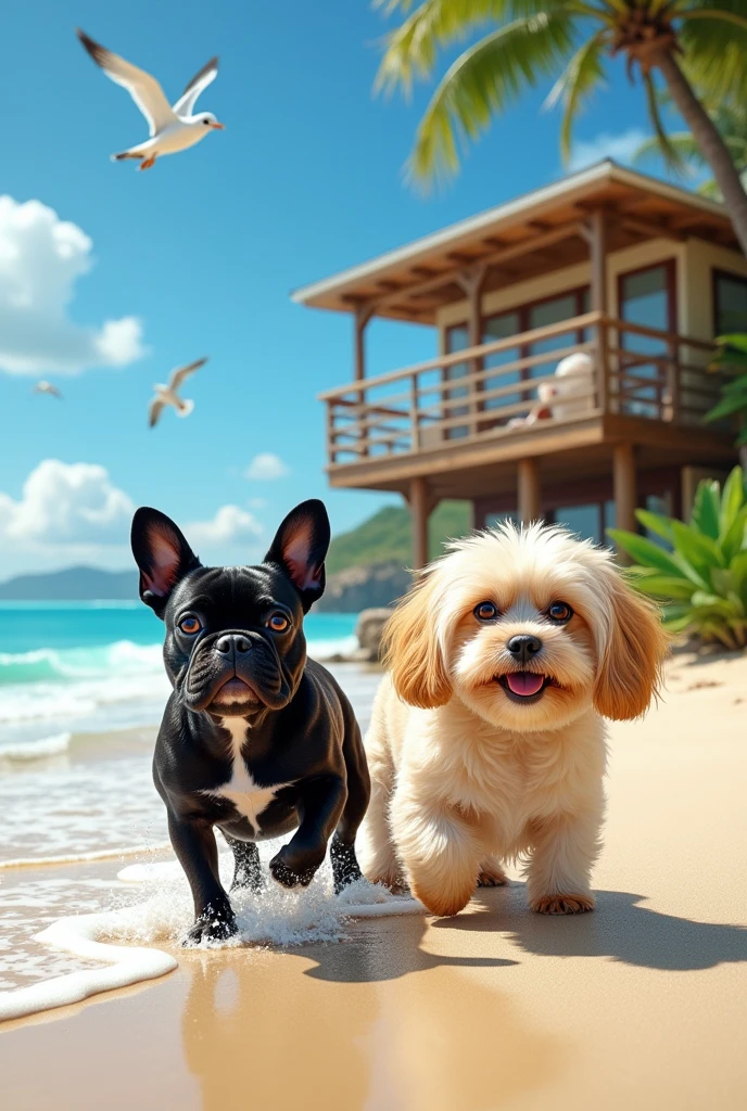Beach house with a black female French Bulldog and a cream Shih Tzu