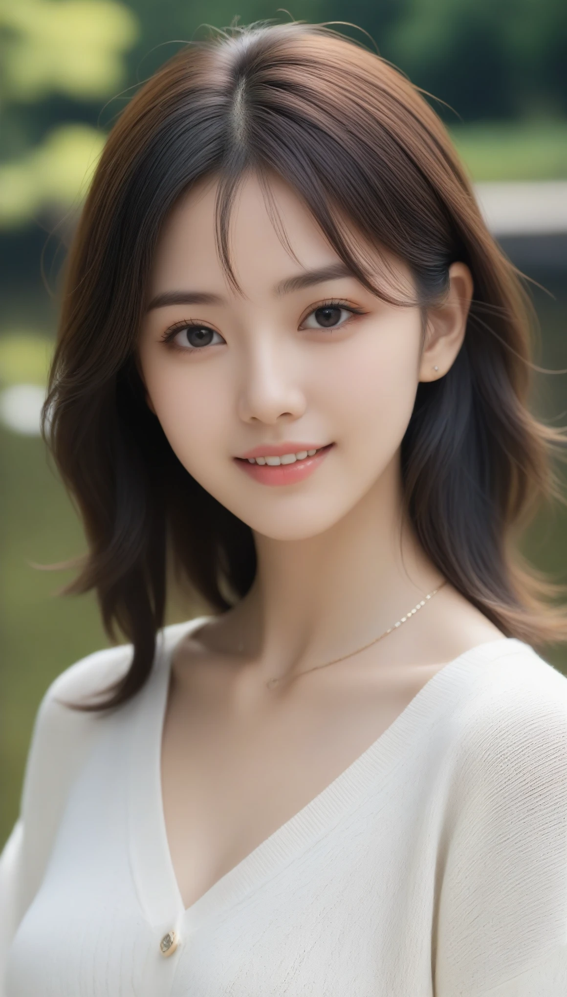 8k, Ultra-high resolution, Highest quality, masterpiece, 三分割法によるphotograph,Surreal, photograph, 1 Girl, (:1.3), pretty girl, Cute Face, 細部までBeautiful Eyes, 細かくdetailedに,masterpiece,One Girl:1.2,Japanese women,Young Wife,upper body,smile,Black hair,Wavy bob,(White summer knitwear:1.3),necklace,wood々Inside,Lakeside,Summer sunshine,wood漏れ日,(Beautiful attention to detail),Subtle details, detailedな顔, smile,attractive,(のポートレートphotograph:1.4),(Photorealistic images:1.4),Fantasy art,(Beautiful Face:1.4),美しくattractive目、Beautiful Eyes、(Tight waist:1.4)、(Beautiful with perfect body proportions:1.4),Pink Lips,Looking at the audience,(((Ideal body type))),A-cup small breasts :2,、Portraiture:2、Perfect Anatomy、鮮明なdetailed、detailed,Fashion magazine cover,Thin lips,完璧でBeautiful Face ,完璧でCute Face, Skin with attention to detail, Perfect limbs、Narrow waist,Surreal,Light and shadow,dappled sunlight