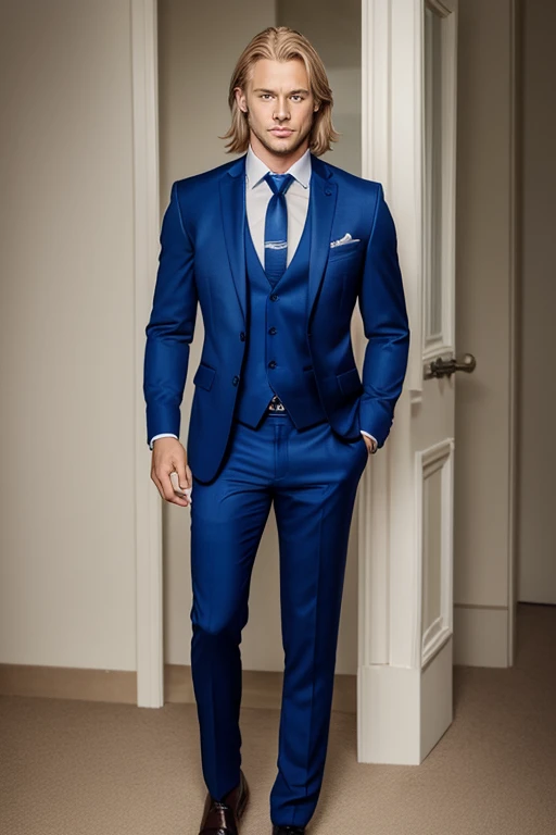 a very handsome man, standing, at thirty-seven years old, blond, straightened hair, and blue eye, manly face, serious expression, wearing a suit and a tie, dress pants, Full-body image. perfects eyes. handsome man , perfects eyes