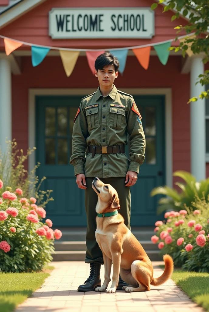 I want an image of a male military person with black hair and a thin build standing with his tan dog at the door of a school.