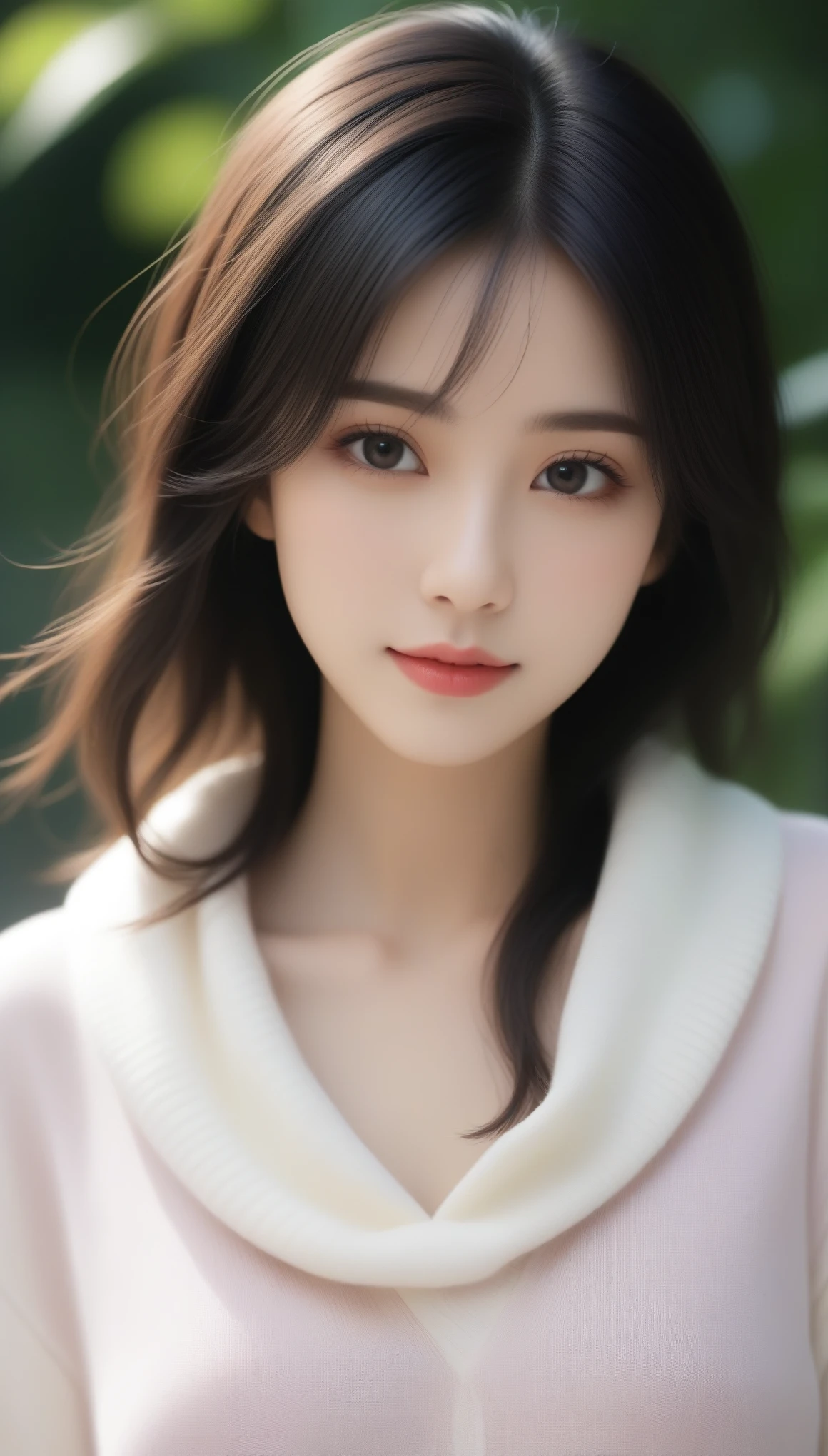 8k, Ultra-high resolution, Highest quality, masterpiece, 三分割法によるphotograph,Surreal, photograph, 1 Girl, (:1.3), pretty girl, Cute Face, 細部までBeautiful Eyes, 細かくdetailedに,masterpiece,One Girl:1.2,Japanese women,Young Wife,upper body,smile,Black hair,Wavy bob,(White summer knitwear:1.3),necklace,wood々Inside,Lakeside,Summer sunshine,wood漏れ日,(Beautiful attention to detail),Subtle details, detailedな顔, smile,attractive,(のポートレートphotograph:1.4),(Photorealistic images:1.4),Fantasy art,(Beautiful Face:1.4),美しくattractive目、Beautiful Eyes、(Tight waist:1.4)、(Beautiful with perfect body proportions:1.4),Pink Lips,Looking at the audience,(((Ideal body type))),A-cup small breasts :2,、Portraiture:2、Perfect Anatomy、鮮明なdetailed、detailed,Fashion magazine cover,Thin lips,完璧でBeautiful Face ,完璧でCute Face, Skin with attention to detail, Perfect limbs、Narrow waist,Surreal,Light and shadow,dappled sunlight