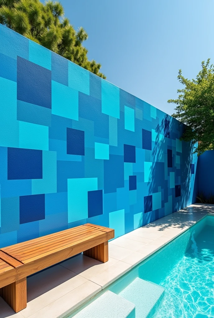create an image that has a wall with blue squares, in the front there is a bench and a little further down there is a swimming pool.