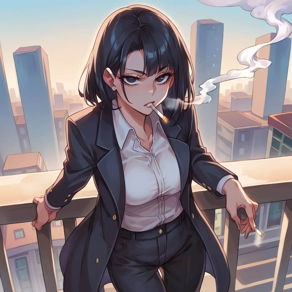 POV black haired girl smoking a cigarette on a balcony , The girl has a black suit and black pants